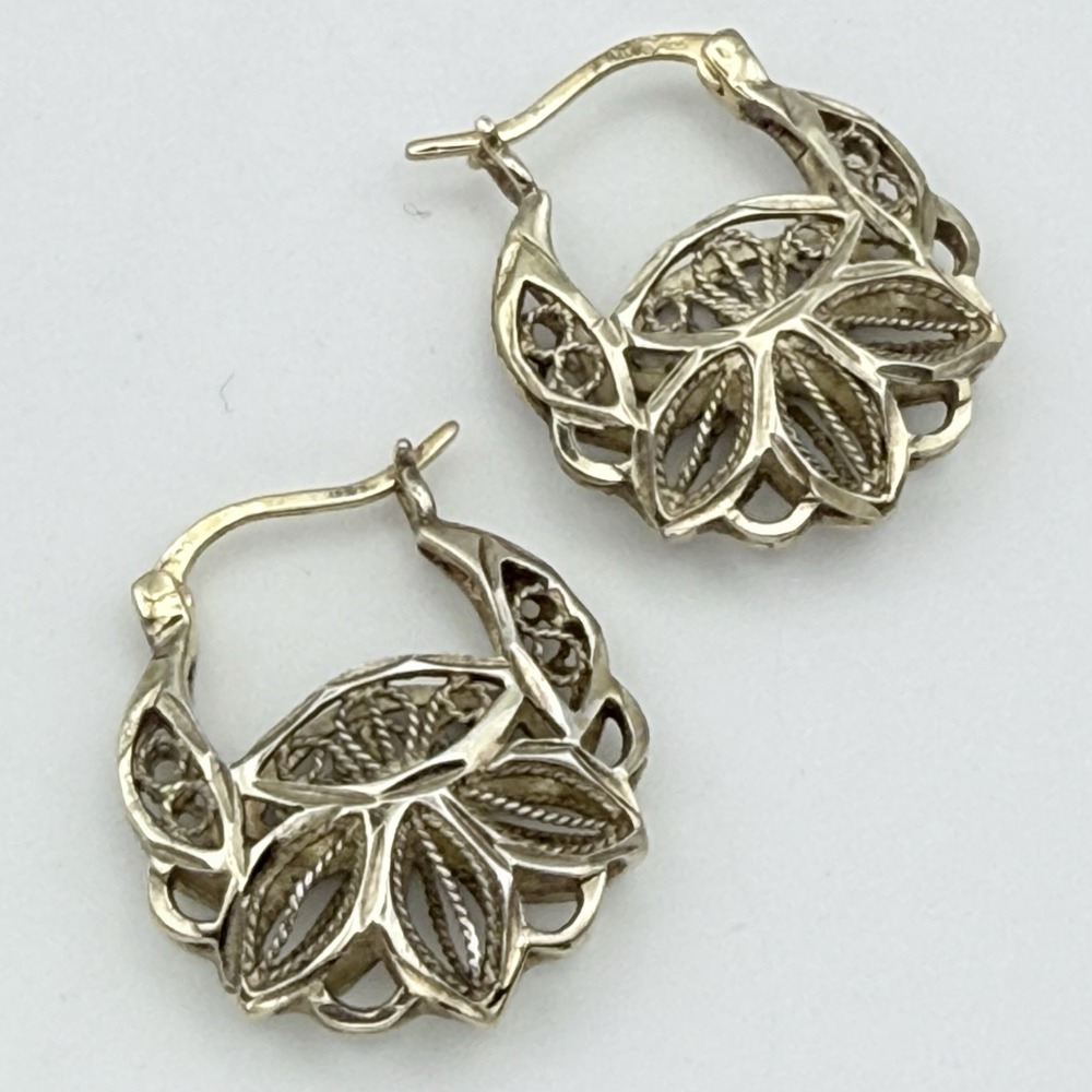 MWS 925 Sterling Silver Filigree Cut Out Hoop Earrings Floral Ornate Vintage